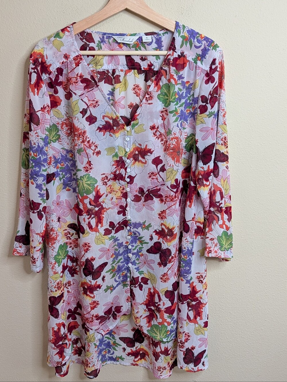 Caffe Marrakesh XL Floral Butterfly Print Tunic Long Sleeve Button Front V-Neck